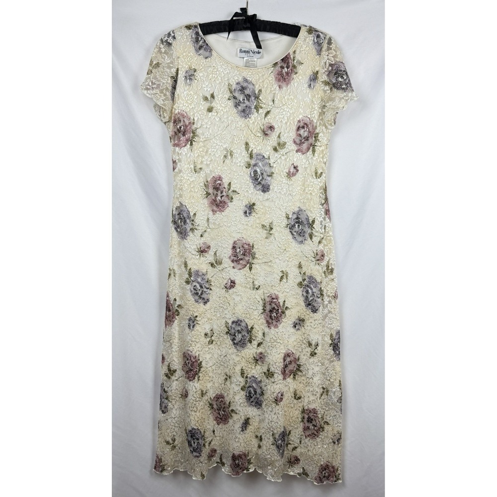 Ronni Nicole Petite 12 Vintage 90s Floral Lace Maxi Shift Dress Cottagecore